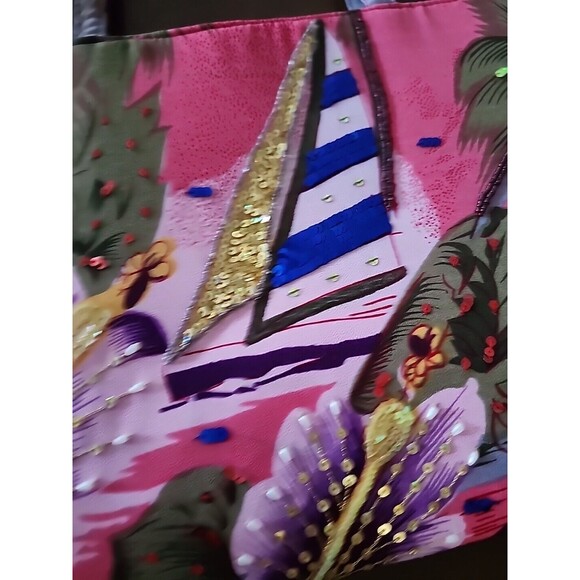 NWOT Beaded Beach Bag Pink Tote - Sailboat, Embellished Palm Tree, Women's Purse - Picture 2 of 9